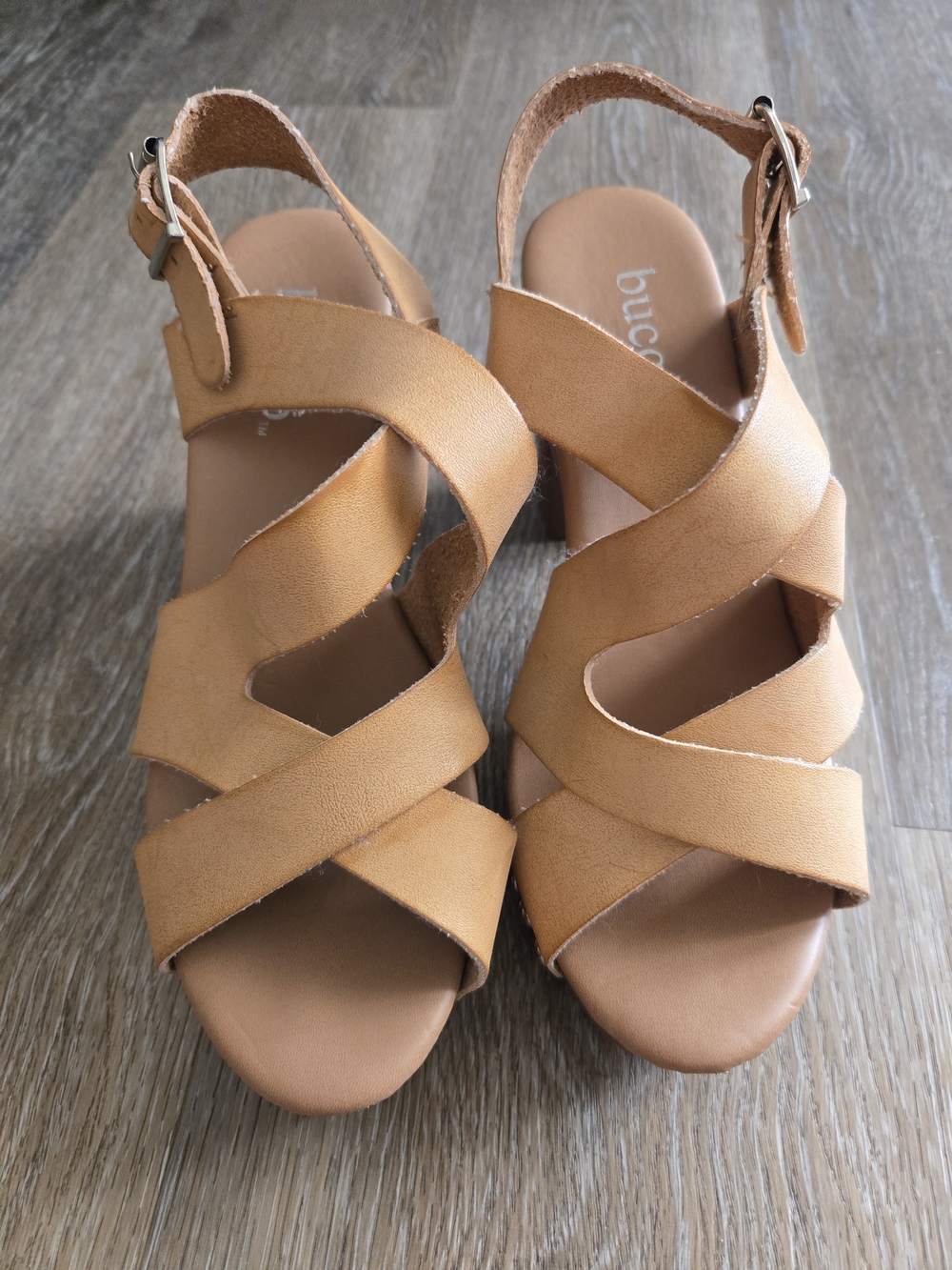 bucco Cognac Crisscross Wedge Sandals
